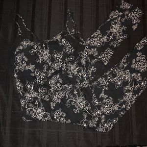 L AE Romper; Blue, White flowers, Lace, Pockets!